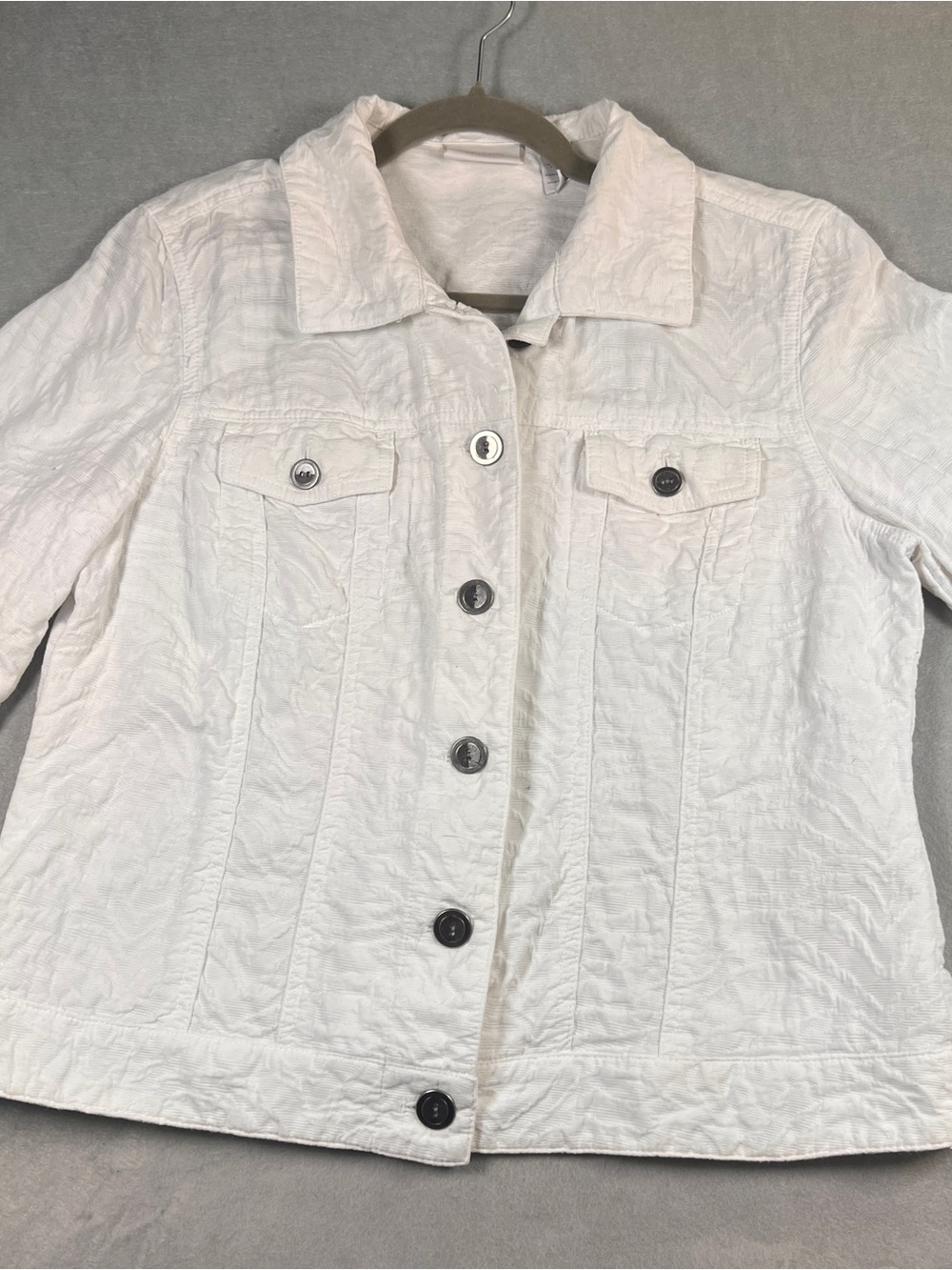 Chico’s White Textured Jacquard Jacket Size 1 Medium Minimalist